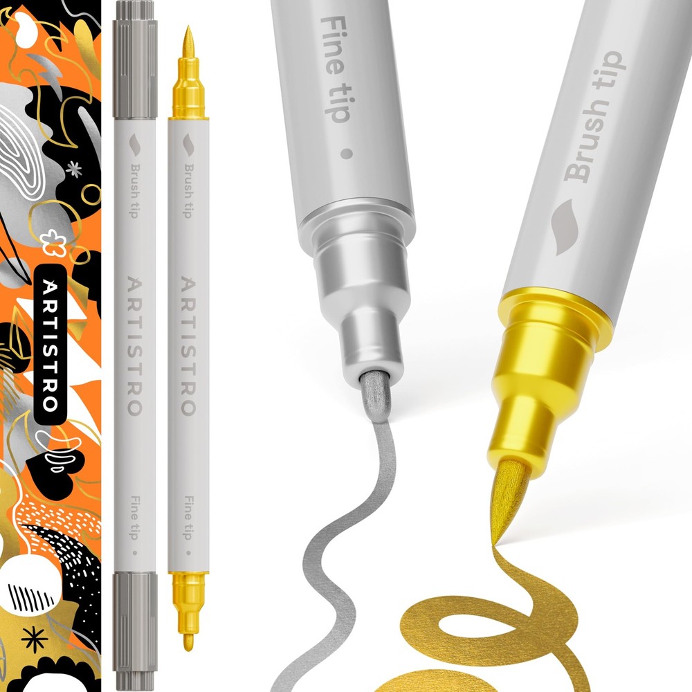 2 Silver Gold Dual-Tip Acrylic Paint Pens 1mm Fine Brush Tips for Fabric