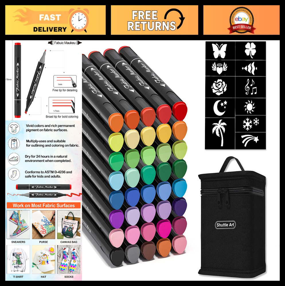 40 Colors Dual Tip Fabric Markers – Permanent No Bleed Pens for T-Shirts & Sneak