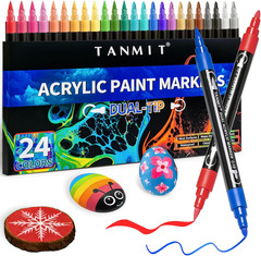 24 Colors Acrylic Paint Pens, Dual Tip Acrylic Paint Markers with Brush Tip and