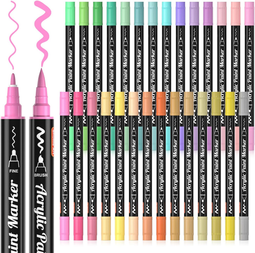 28 Pastel Colors Dual Tip Acrylic Paint Markers, Brush Tip and Fine Tip Acrylic