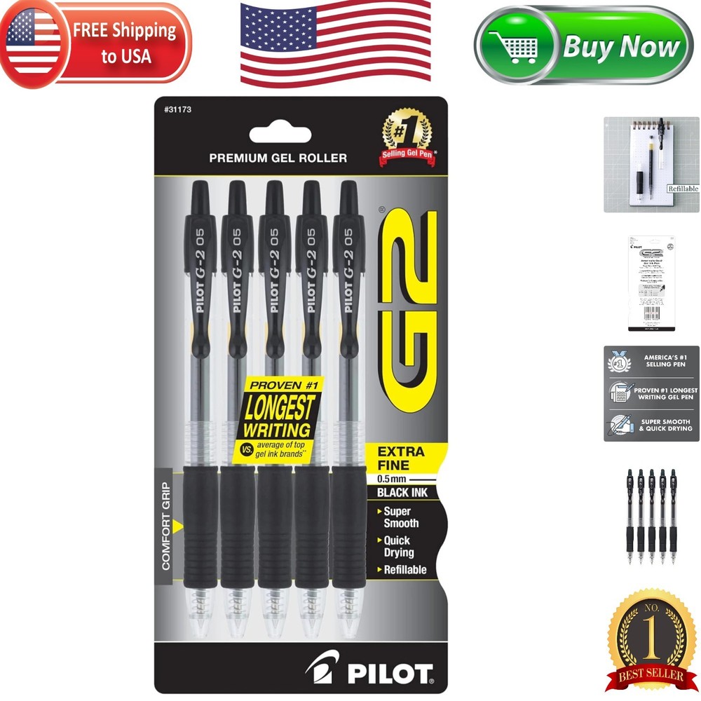 Smooth Writing G2 Extra Fine 0.5mm Gel Pens – Black, Set of 5, Ergonomic Grip