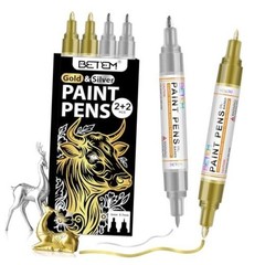 Oil Based Paint Markers, Dual Tip Paint Pens(0.7mm & 3mm), 2 Gold & 2 Sliver