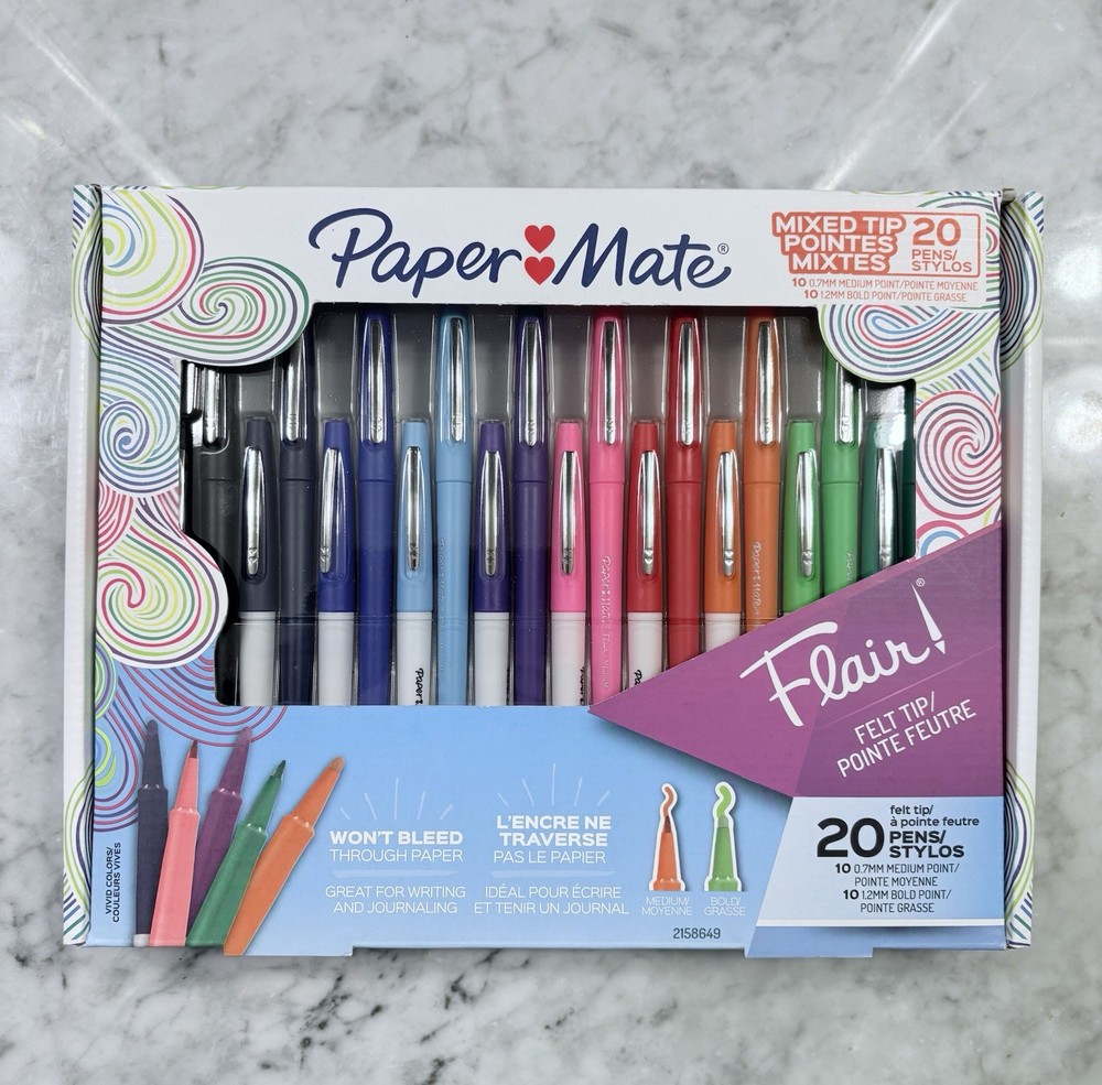NEW Paper Mate Flair Felt Tip Pens, Bold and Medium Point, 0.7 mm 20 Pack