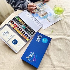 ArtWhale Watercolor Paint Set 48 Colors in Half-Pans + Waterbrush in Tin Box