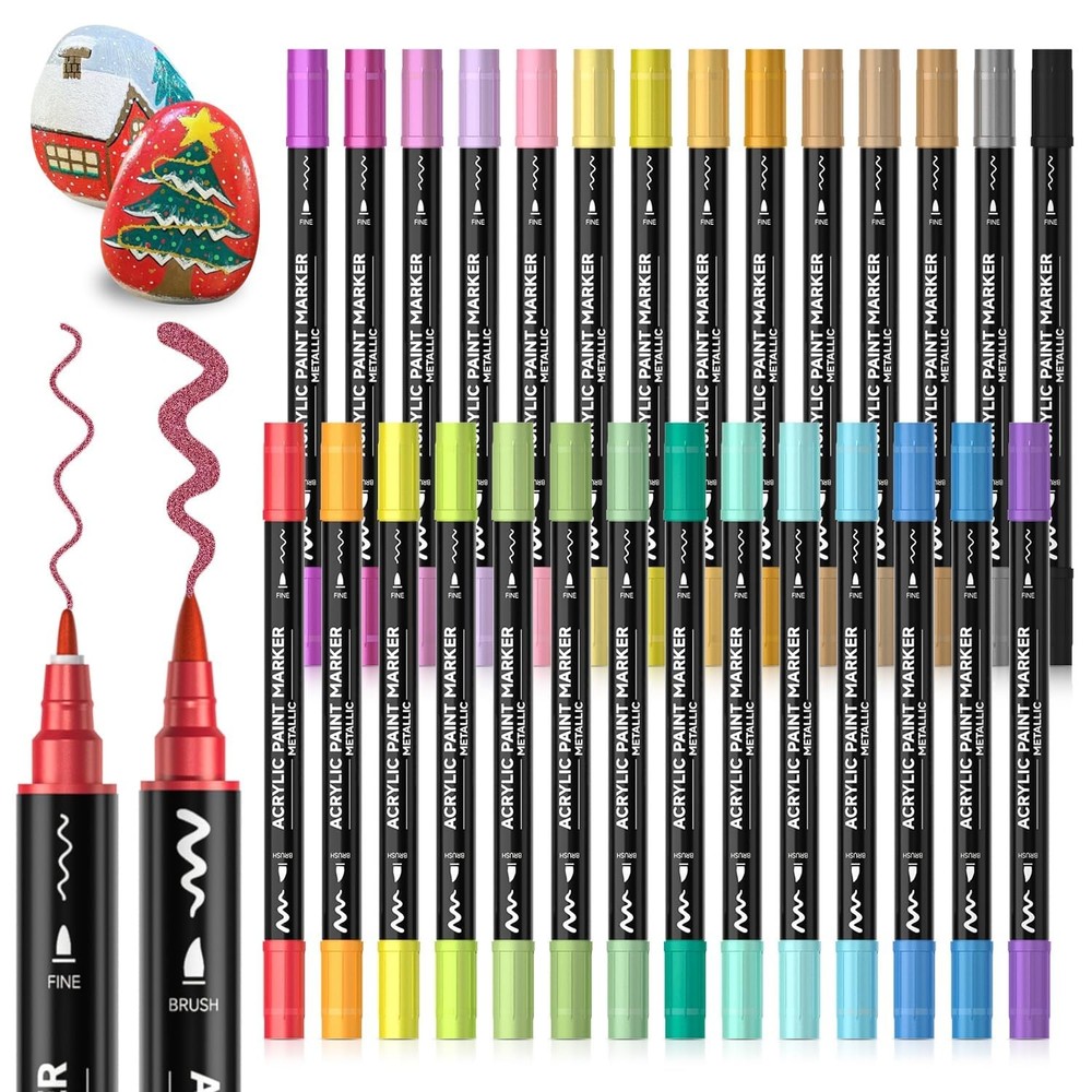 28 Metallic Colors Dual Tip Acrylic Paint Markers, Brush Tip and Fine Tip Acr…