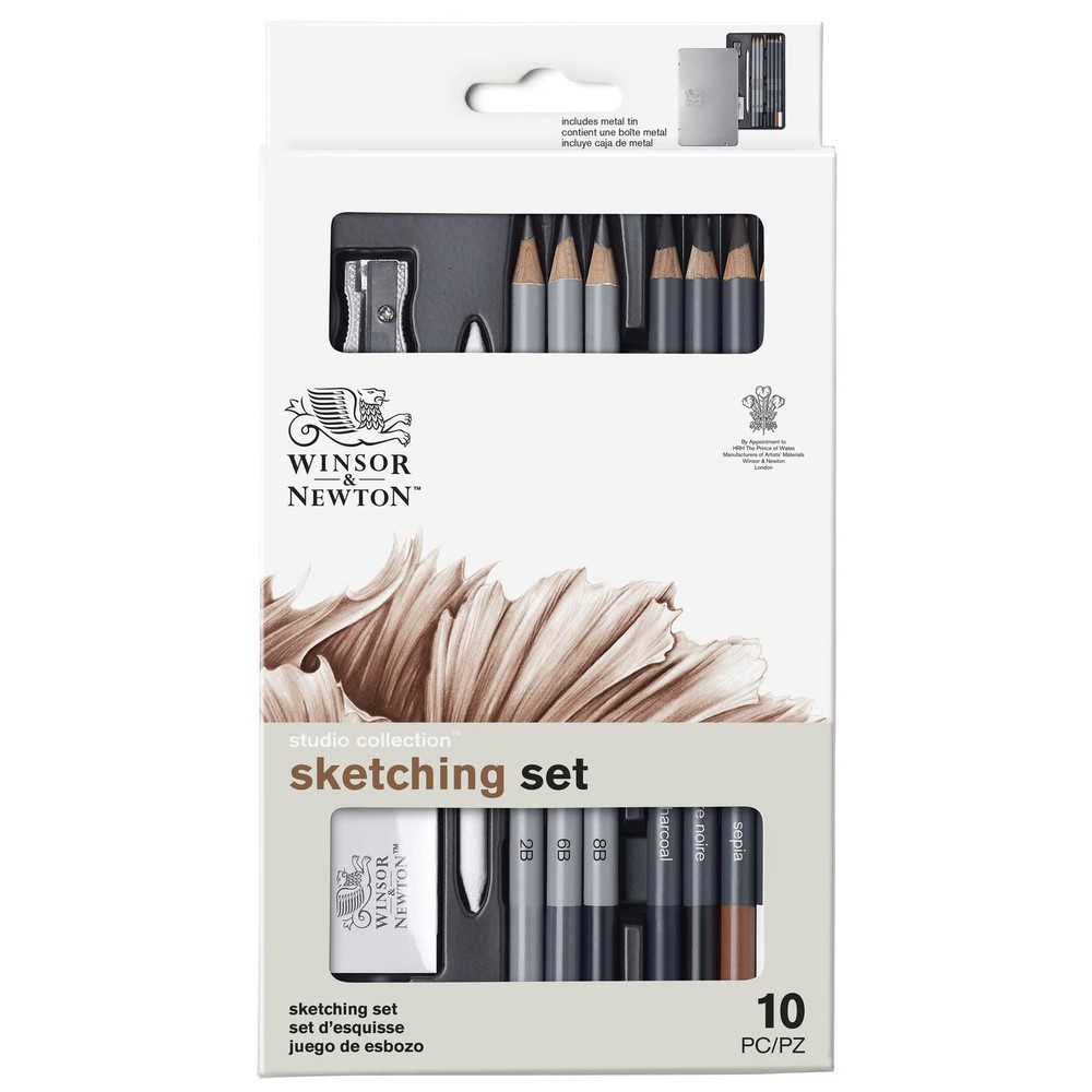 Artist Pencils Sketching Set 10 Graphite Charcoal Drawing Cedar Wood Tin