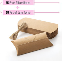 Kraft Pillow Boxes, 6.3×3.4×1.3 in, 25 Pack with Jute Twines, Kraft Gift Boxes,