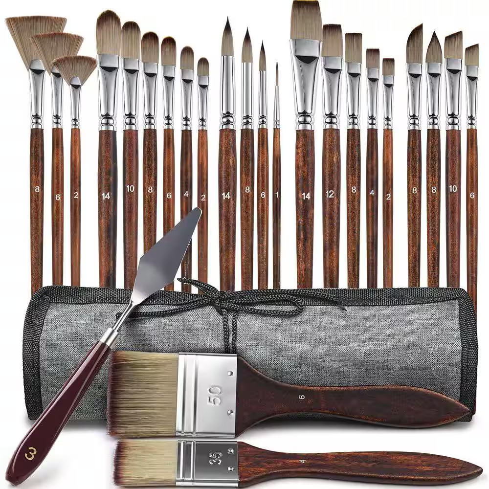 25-Pcs Paint Brush Set Professional Artist Series with Synthetic Bristles for Oi