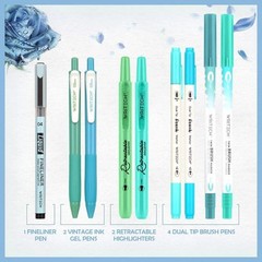 Journal Pen Set – Blue Green shades – 9 piece colour coordinated pen set