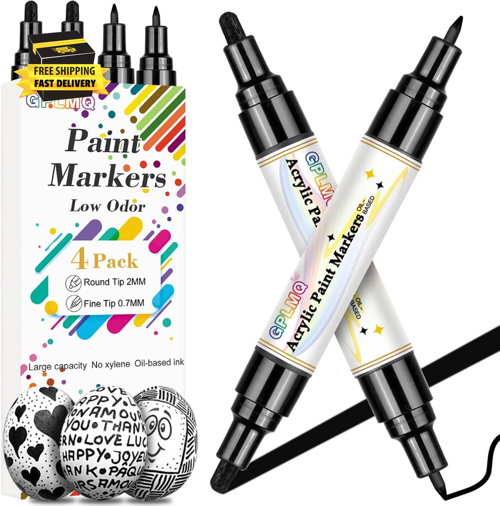 Black Paint Pens – 4 Pack Dual Tip Acrylic Paint Markers (0.7Mm & 3Mm), Non-Toxi