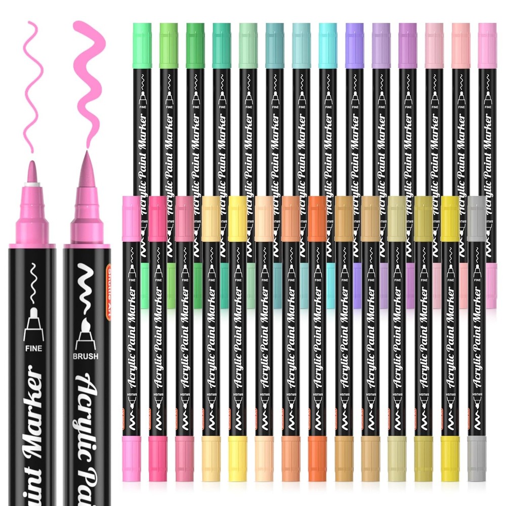 28 Pastel Colors Dual Tip Acrylic Paint Markers, Brush Tip and Fine Tip Acryl…