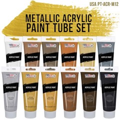 12 Color Set of Metallic Acrylic Paint, 75ml Tubes, Pearl, Artists, Canvas, Wood