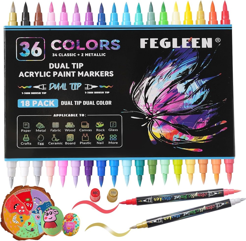 36 Colors Acrylic Paint Markers,18 Pack Dual-Color Acrylic Paint Pens with Brush