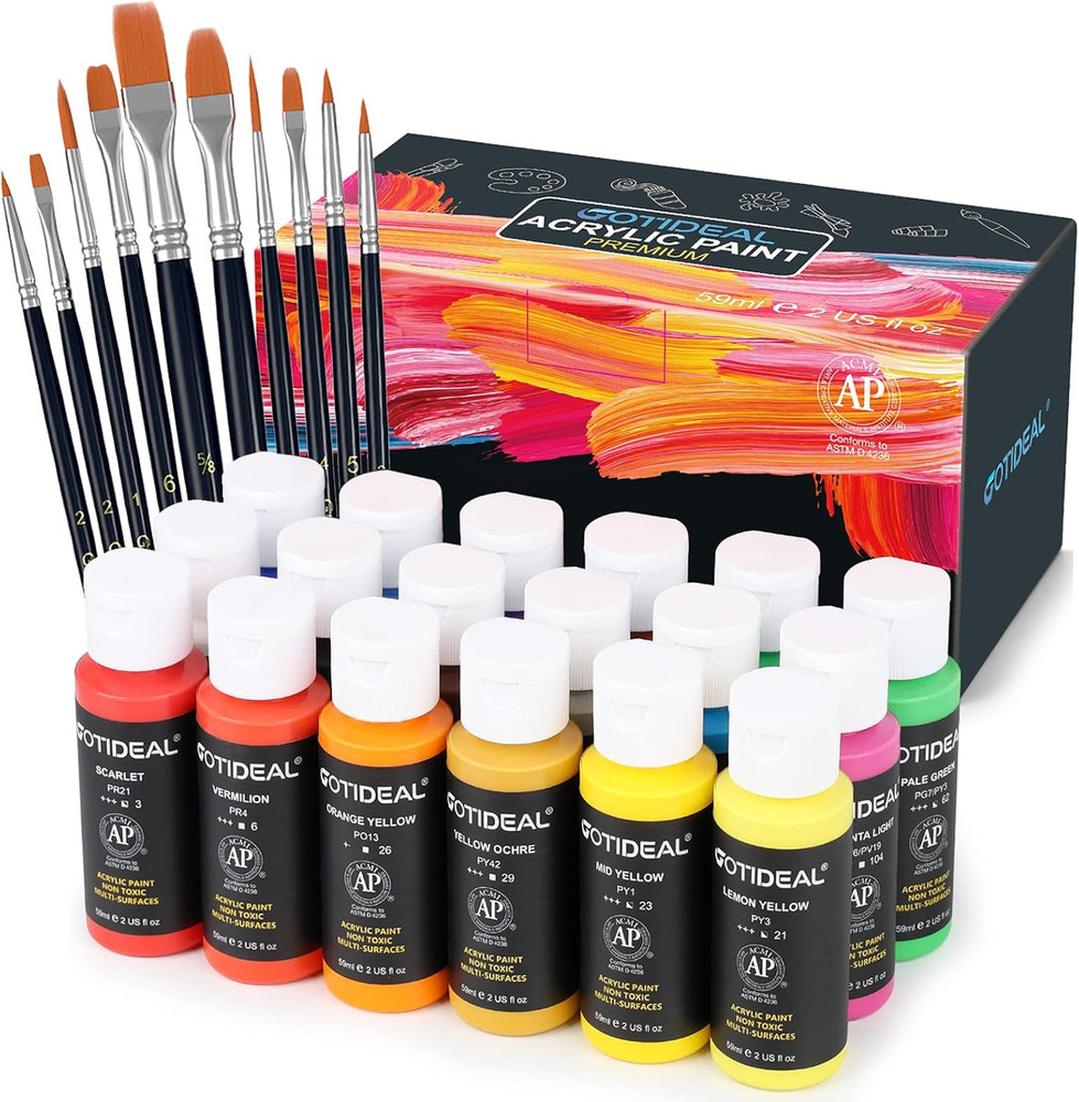 Acrylic Paint Set with 18 Colors 59ml 2oz, Non Toxic, Art Craft Supplies for