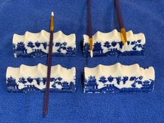 BLUE WILLOW Rare Set of 4 Brush Rests, Pen Holders, Pretty Display or Repurpose