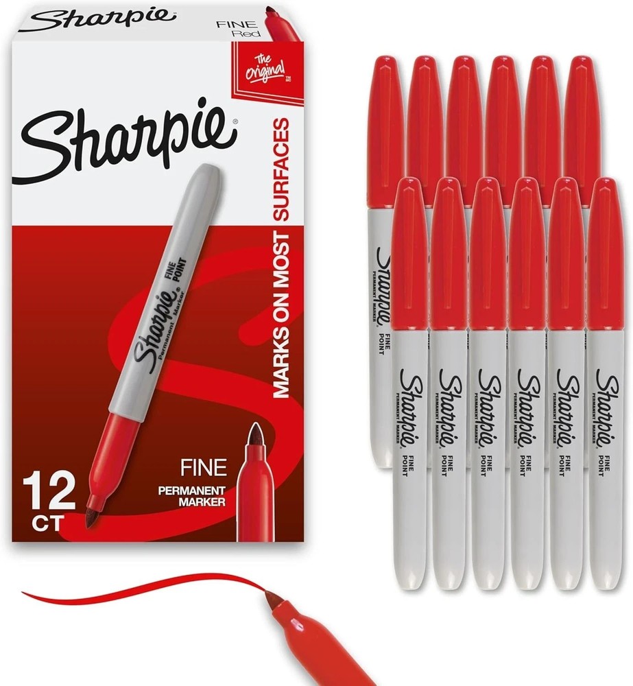 Sharpie Permanent Markers, Fine Tip, Red, 12 Count – Office Supplies, Quick Dryi