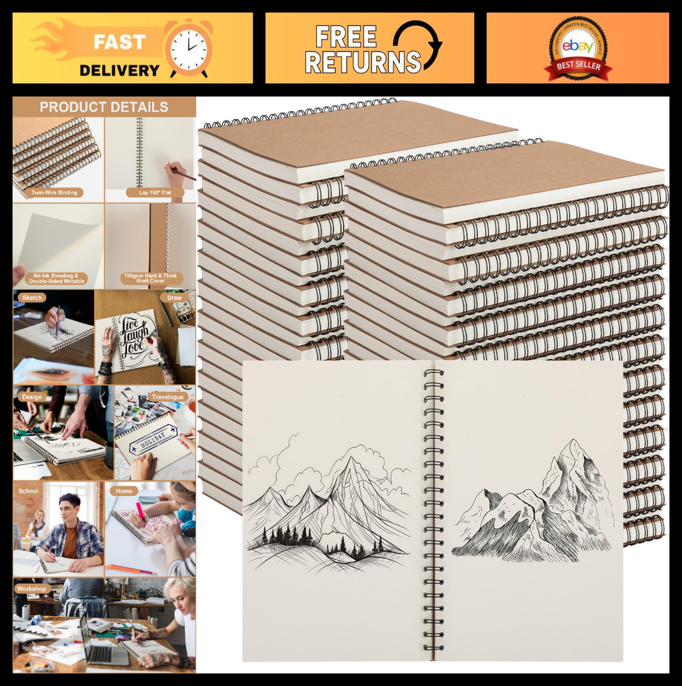 6 Pcs A4 Spiral Sketch Pad 8.5″x11″ 100 Sheet Blank Notebook Art Drawing Journal