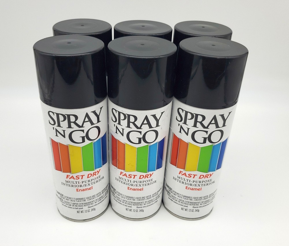 Spray ‘N Go Gloss Black Enamel Spray Paint 12oz Fast Drying Pack of 6 Cans