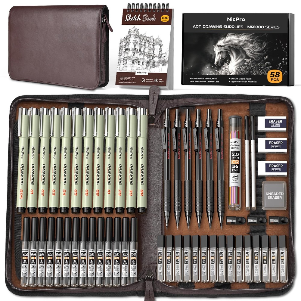 Nicpro 58PCS Art Drawing Supplies Kit in Leather Case, MP1000 Black