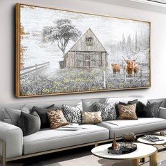 Wall Art Highland Cow Yellow flower Brown Cow Nature Rustic 40″L x 20″W White