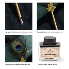 Vintage Peacock Feather Pen Set Antique Calligraphy Writing Quill Ink Dip Pen
