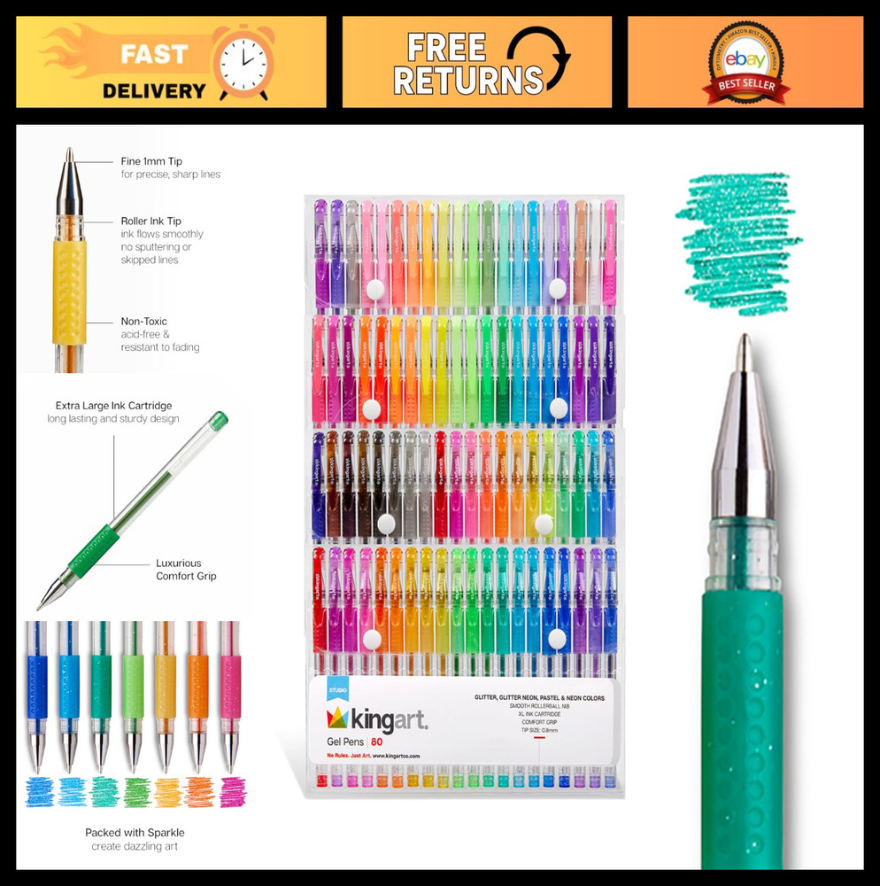 80 Glitter Rollerball Gel Pens Set – 80 Sparkling Colors, Soft-Grip, XL Ink – Pe