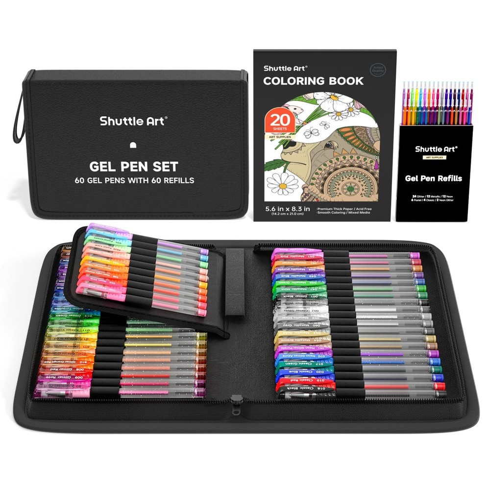 Shuttle Art Gel Pens, 120 Pack 122 Piece Set, 60 Colors with 60 Refills