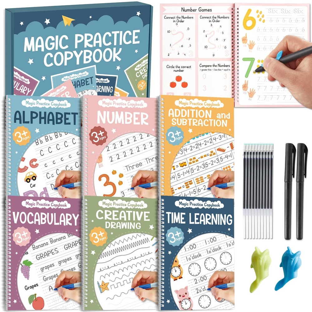 6 PCS Magic Grooved Writing Practice Copybook Disappearing Pens Reusable