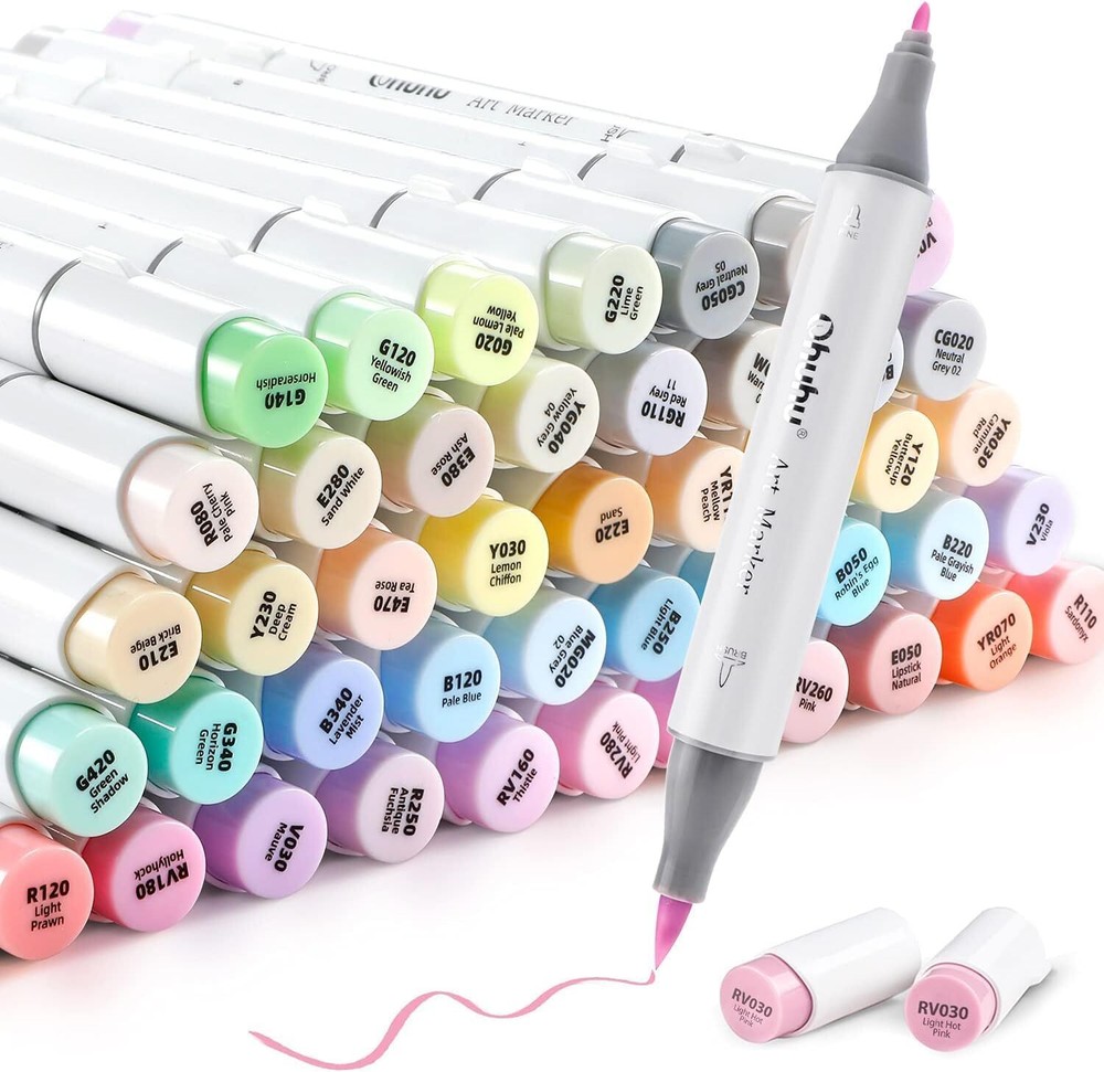 Ohuhu 48 Colors Alcohol Pastel Markers Brush & Fine+1 Marker Blender- Sweetness