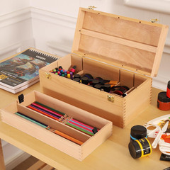 16″X8″X6″ Large Art Storage Box, Double-Layered Solid Beech Wooden Tool Box for