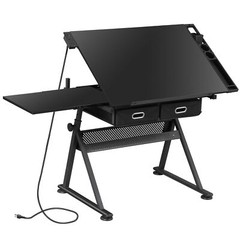 Black Drafting Table & Stool Se Adjustable Height W/ Drawers & Charge Station
