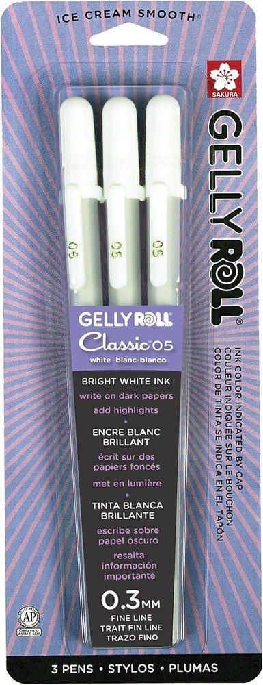 Sakura Gelly Roll Classic White 3 Pack, 05 Fine Pt., Opaque Gel Pens