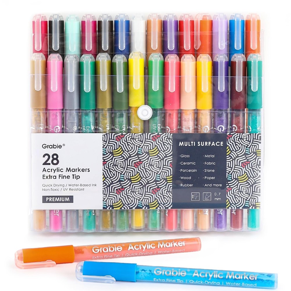 Grabie Acrylic Paint Pens Markers, 28 Colors Extra Fine Tip Markers