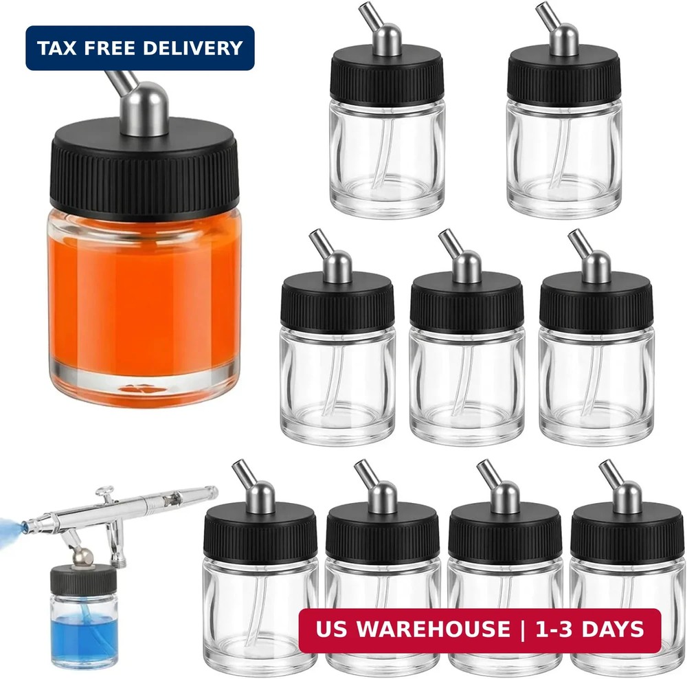 ABEST 10-Pack Airbrush Glass Jars 22cc (3/4 Oz) with 30° Down Angle Adaptor Lid