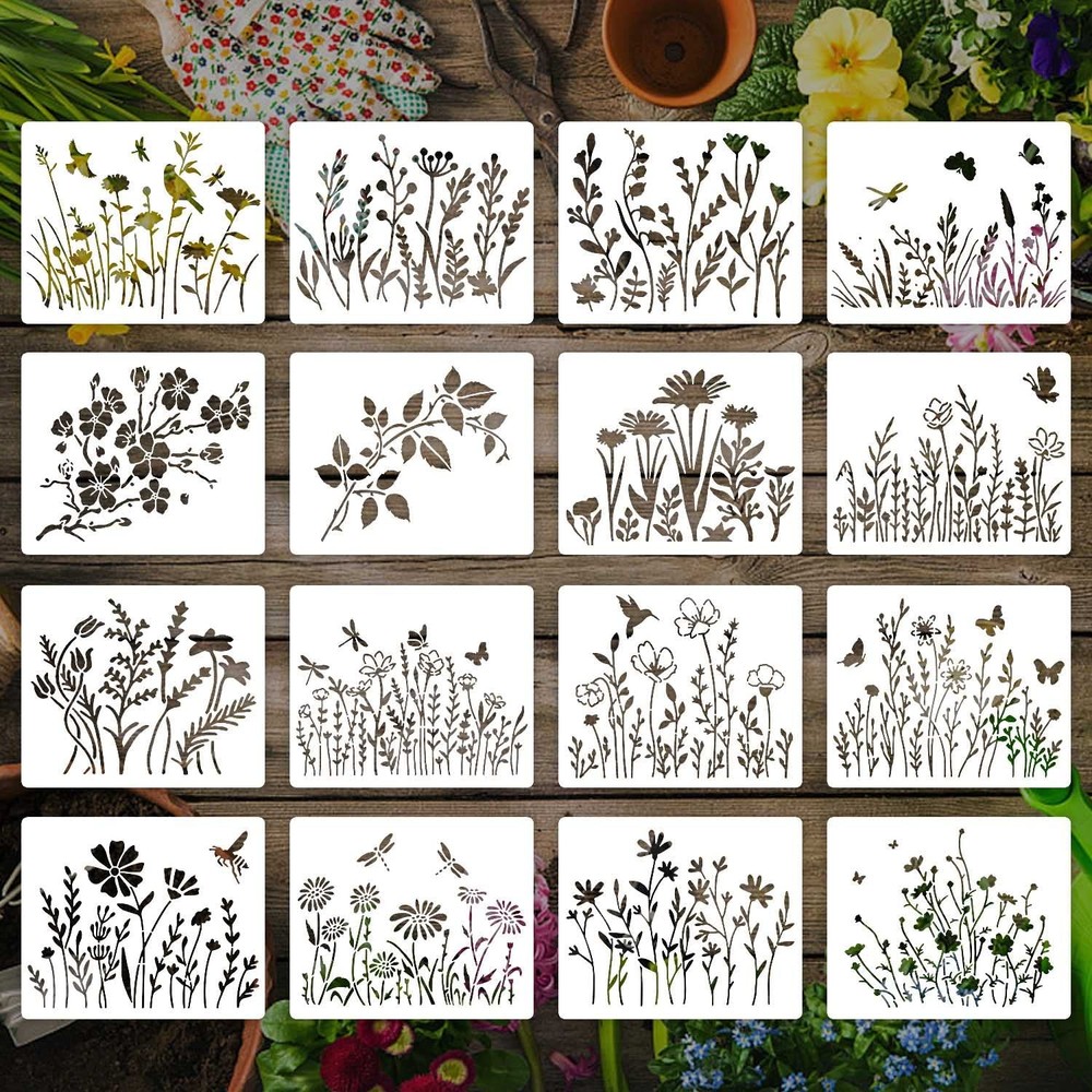 16 Pieces Wildflower Stencils for Painting, Reusable 5×6 Inch,