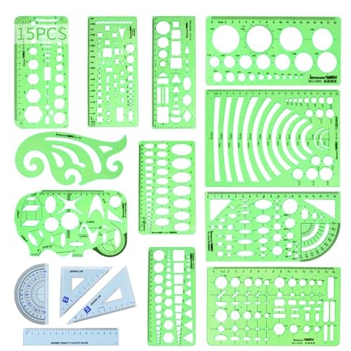 15PCS Geometric Drawings Templates,Transparent Green Plastic Ruler, Drafting