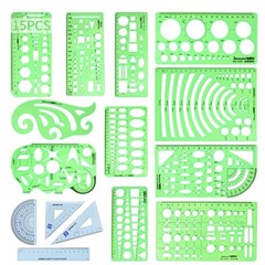 15PCS Geometric Drawings Templates,Transparent Green Plastic Ruler, Drafting