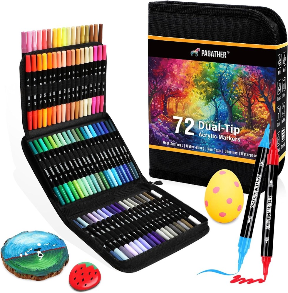 72 Colors Acrylic Paint Markers Dual Tip Brush & Fine Pen Set for Rock Art Craft