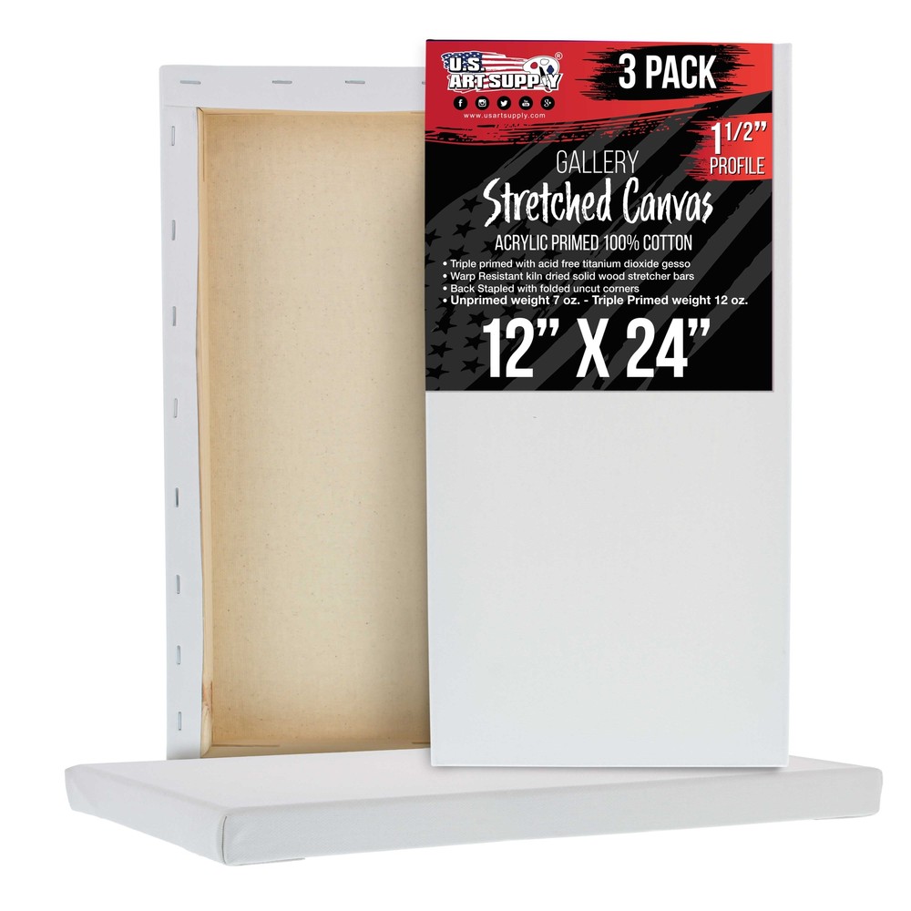 12″ x 24″ Gallery Depth 1-1/2″ Profile Stretched Canvas 3-Pack – Gesso Primed