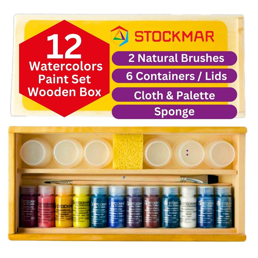 Complete Paint Set – 12 Colors, in Wooden Storage , Includes 2 Natural Brushe…