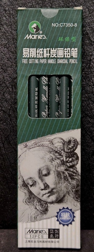 Maries Artist Charcoal Pencil 12 Piece Set Extra-Soft Black Paper Handle
