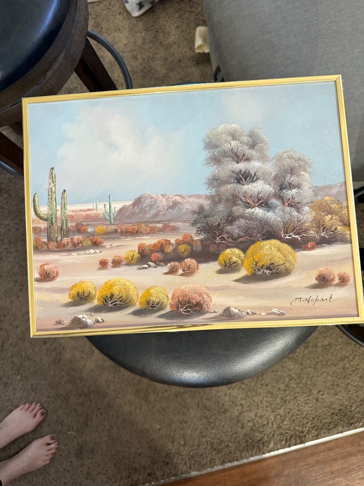 Vintage M. Hopart Original Oil Painting – Desert Landscape – Gold Frame – Excell