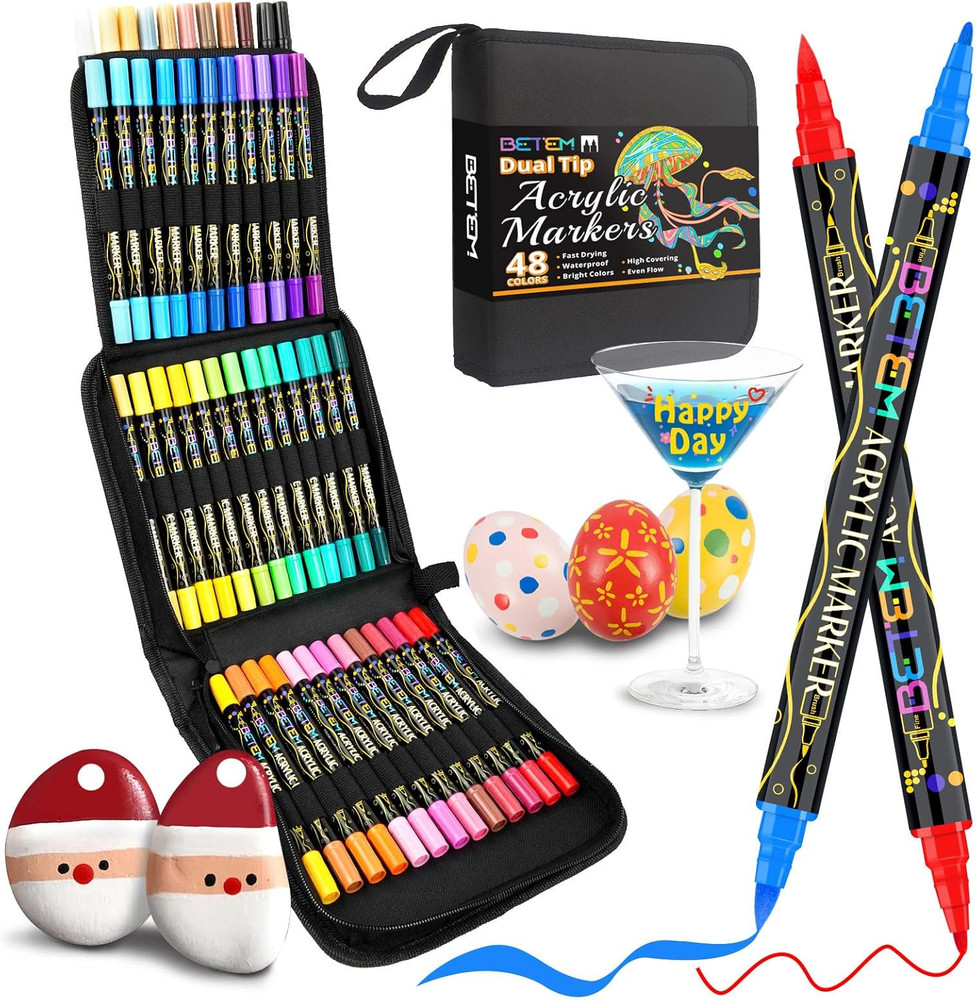Paint Markers Acrylic Paint Pens, Dual Tip 48 Colors Acrylic Markers with Brush