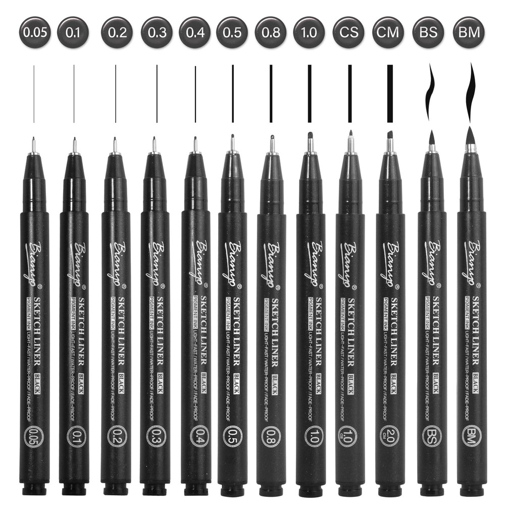Black Art Pen Set 12 Sizes Fine Line Drawing Water Resistant Archival Pens