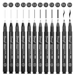 Black Art Pen Set 12 Sizes Fine Line Drawing Water Resistant Archival Pens