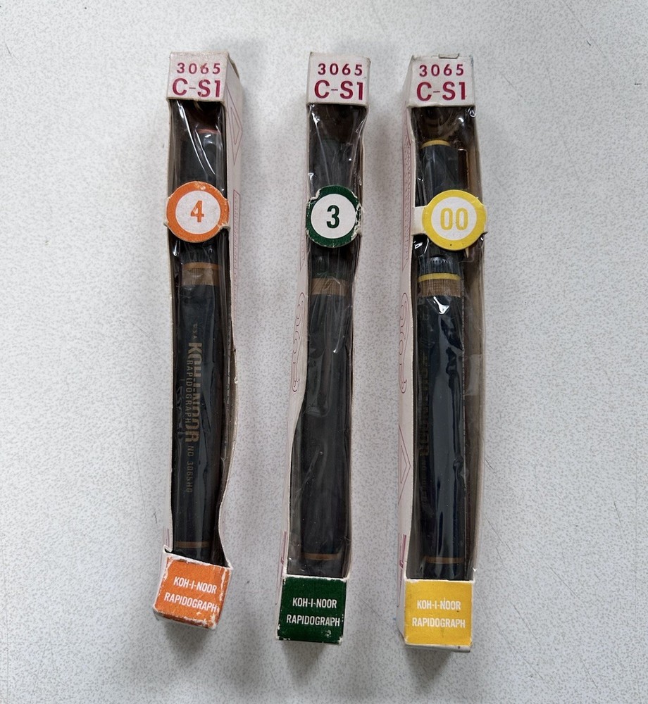Vintage Koh-I-Noor Rapidograph C-S1 No. 3, 4 & 00 Technical Pens in Box Germany
