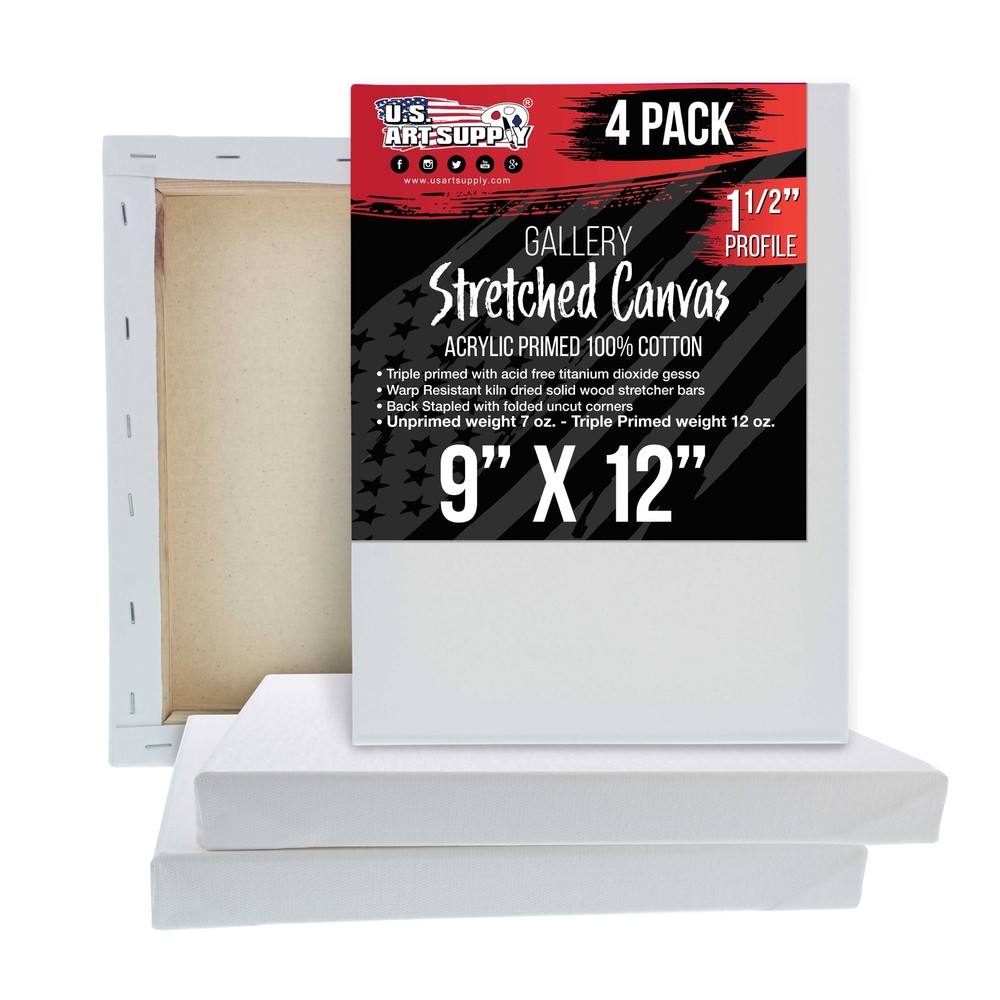 9″ x 12″ Gallery Depth 1-1/2″ Profile Stretched Canvas 4-Pack – Gesso Primed