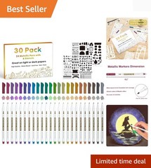 30 Pack Metallic Marker Pens: 24 Colors Fine Tip + 6 Stencils for Art Projects