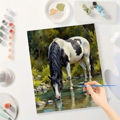 Paint by Numbers Kit for Adults – DIY Horse in Forest Stream Canvas Art 8x12in