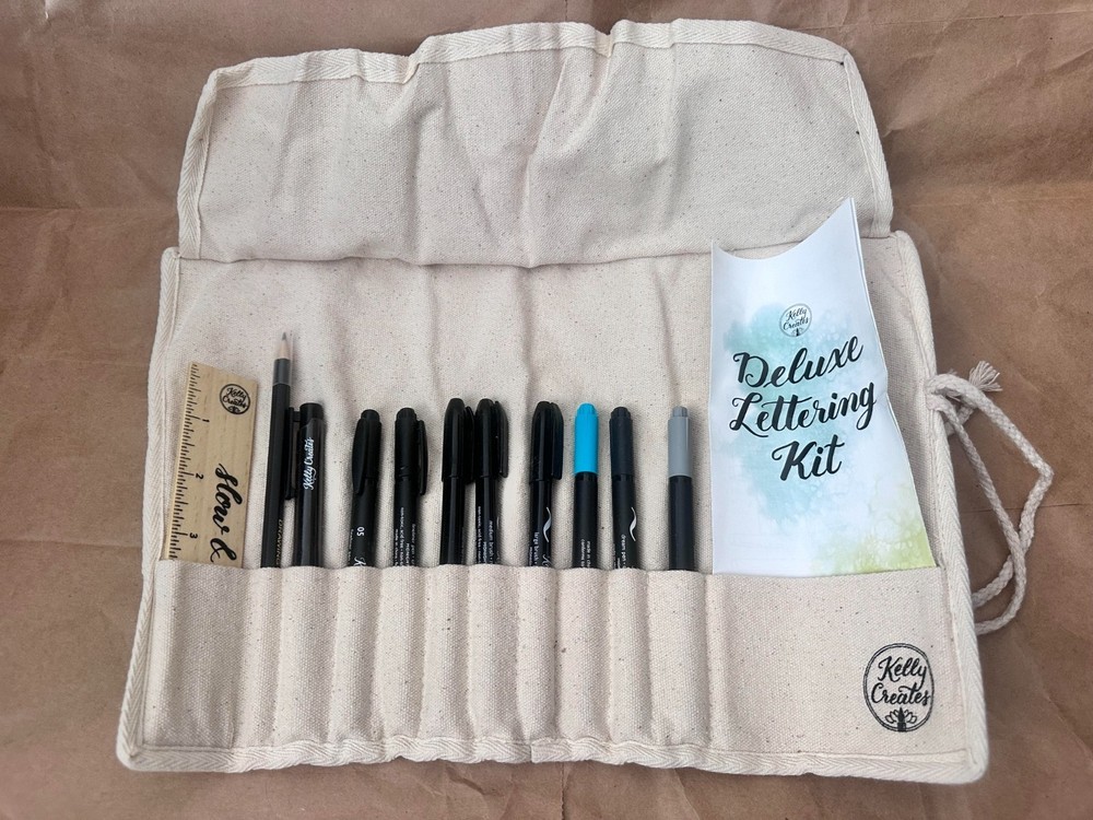 Kelly Creates Deluxe Lettering Kit 13 Piece Set Canvas Fineliner & Brush Pens